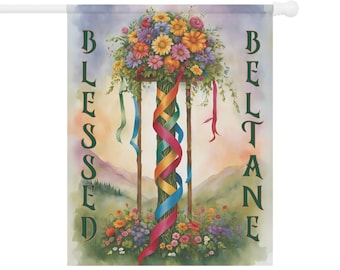 Bandera de jardín con bendiciones de Beltane, decoración de primavera, bandera de flores, decoración de exteriores, hogar de brujas, celebración de Beltane