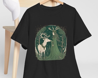 Enchanted Forest Cotton Tee: Witchy Woman & Deer Graphic
