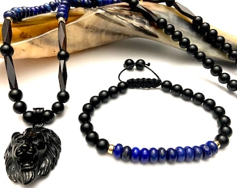 Men’s Blue Lapis Lazuli Tribe of Judah Necklace & Bracelet Set, Hebrew Israelite Jewelry, Lion Head Pendant, Beaded Necklace.