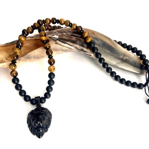 Men's Tiger's Eye Stone Hebrew Pendant Necklace, Tribe of Judah Beaded Chain, Lion Head Pendant, Gift for Him, Israelite Jewelry Onyx Beads