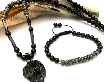 Men’s Gray Labradorite Tribe of Judah Necklace & Bracelet Set, Hebrew Israelite Jewelry, Lion Head Pendant, Beaded Necklace.