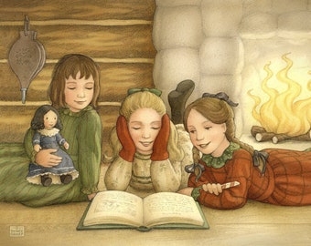 FIREPLACE READING. Little House print. Laura Ingalls Wilder. Children's room decor. Prairie print. 8 x 10. 11 x 14.