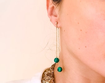 Malachite double sphere drop gold earrings, malachite earrings, gold drop earrings, malachite jewelry, trendy earrings, chain drop earrings
