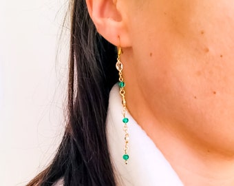 Dainty drop earrings, green bead earrings, gold filled, gold earrings, women's earrings, party earrings, long earrings, gold filled jewelry