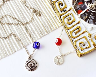 Greek spiral charm evil eye bead chain necklaces | spiral jewelry-Greek jewelry-protection evil eye jewelry-charm necklaces-made in Greece