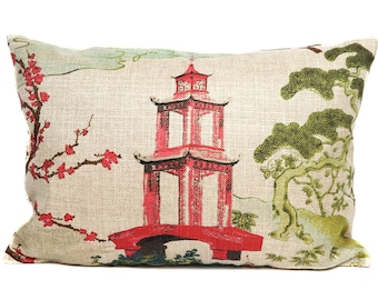 Regal zen toile pillow cover in linen // Pagoda Pillow // Nanjing Pillow // Modern Asian Pillow // Decorative pillow