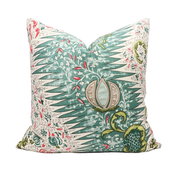 Quadrille Les Indiennes Multicolor pillow cover in Salmon Green Turquoise 302650F // Designer pillow // High end pillow