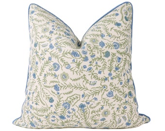 Pillow cover with CONTRAST WELT /Bennison Cinnabar Green Blue on Oyster- Double sided /Designer pillow cover/Welt: RM Coco Landen Periwinkle