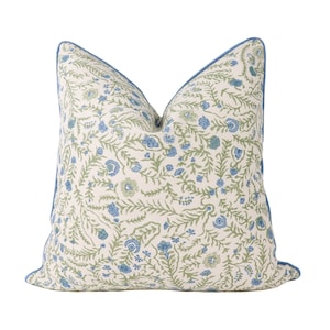 Pillow cover with CONTRAST WELT /Bennison Cinnabar Green Blue on Oyster- Double sided /Designer pillow cover/Welt: RM Coco Landen Periwinkle
