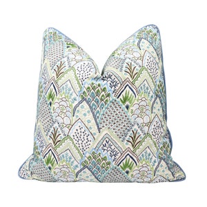 Schumacher Albizia Embroydered pillow cover in Blue & Green 76311- ON BOTH SIDES // Designer pillow with knife edge // High end pillow