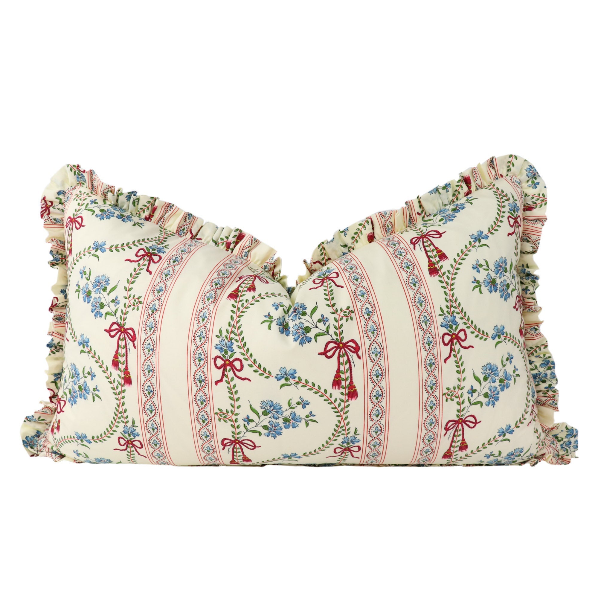 Pillow cover with 1 inch RUFFLES // Pierre Frey Les Bleuets Rayure 6 chemins Creme B063C001 - on both sides  // Designer pillow cover