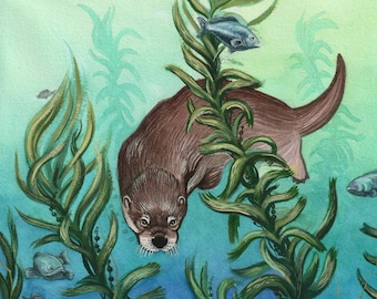 Otter Print, Sea Otter in Kelp, Marine Animal Art, Print from an Original Watercolor Painting, Ocean Wall Decor