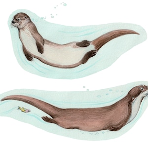 Otters Print, Two Sea Otters Swimming, Marine Animal Art, Print from an Original Watercolor Painting, Ocean Wall Decor