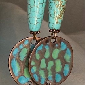 Rustic Turquoise,Antique Copper and Feather Earrings