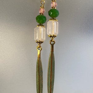 Long Rose Quartz and Feather Earrings