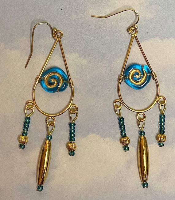 Gold and Teal Chandelier Earrings - Etsy display picture 2