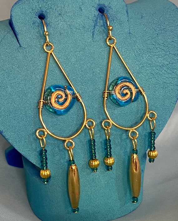 Gold and Teal Chandelier Earrings - Etsy display picture 1