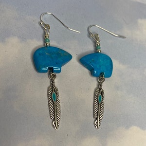 Turquoise Bear and Feather Earrings