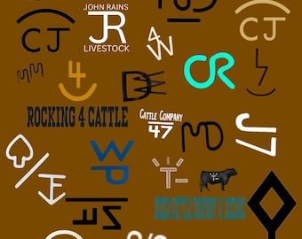 May include: A brown background features various ranch brands and logos in different colors and styles. Text includes "ICKES FARM & RANCH", "JOHN RAINS LIVESTOCK", "ROCKING 4 CATTLE", "CATTLE COMPANY 47", "WILEY", and "WAYNE".