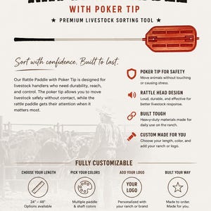 May include: Rattle Paddle with Poker Tip, a premium livestock sorting tool. Features a red paddle head and a black handle. Customizable options include length (24-48 inches), color, and logo. Designed for durability and control on the ranch.
