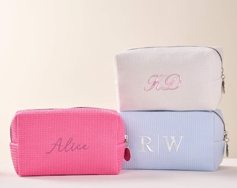 Personalized Waffle Cosmetic Bag, Custom Name Toiletry Bag, Initials Makeup Bag, Embroidered Monogram Makeup Bag, Bridesmaid Gifts