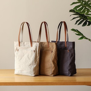 Large Canvas Sling Tote Bag Leather Strap, Handheld Bag, Shoulder Bags, Gift For Women, Crossbody Bag, Everyday Bag, Canvas Work Bag Women image 1
