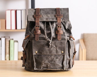 Personalized Waxed Canvas School Backpack Travel Backpack Hiking Rucksack Laptop Backpack Unisex Canvas Backpack Camping Backpack