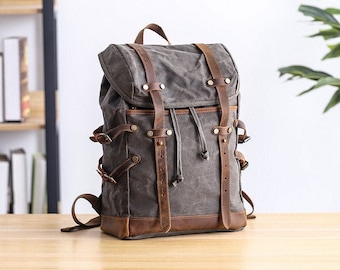 Large Waterproof Travel Backpack Waxed Canvas School Backpack 15.6'' Laptop Backpack Unisex Daily Backpack Weekend Backpack Hiking Rucksack