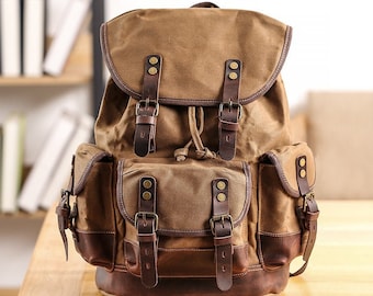 Unisex Travel Backpack Waxed Canvas Outdoor Backpack Laptop Backpack Hiking Backpack Weekender Backpack Camping Backpack Mens Gifts