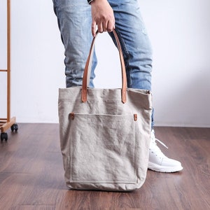 Large Canvas Sling Tote Bag Leather Strap, Handheld Bag, Shoulder Bags, Gift For Women, Crossbody Bag, Everyday Bag, Canvas Work Bag Women image 4