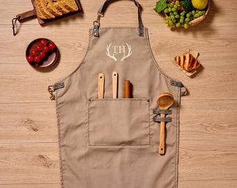 Gepersonaliseerde canvas schort, aangepast vaderdagcadeau voor mannen, barmanschort, geborduurde schort voor papa, barbecueschort, koksschort heren