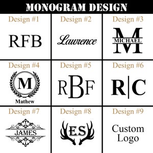 May include: Nine different monogram design options for customizing a logo. The designs include a simple three-letter monogram, a script font, a monogram with a wreath, a monogram with a line, a monogram with antlers, and a custom logo option.