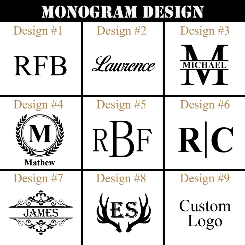May include: Nine different monogram design options for customizing a logo. The designs include a simple three-letter monogram, a script font, a monogram with a wreath, a monogram with a line, a monogram with antlers, and a custom logo option.