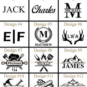 May include: A grid of monogram designs in black. The designs include names like Jack, Charles, Michael, Matthew, and James, along with initials and decorative elements. The text "MONOGRAM DESIGN" is at the top.