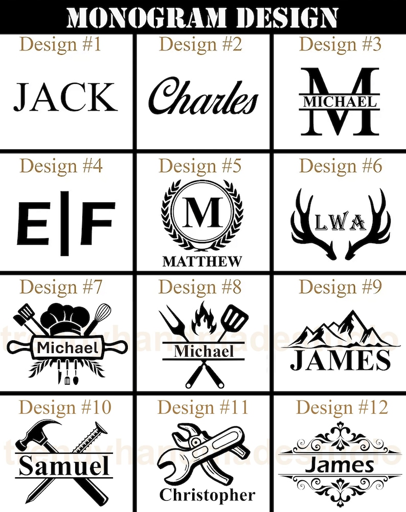 May include: A grid of monogram designs in black. The designs include names like Jack, Charles, Michael, Matthew, and James, along with initials and decorative elements. The text "MONOGRAM DESIGN" is at the top.