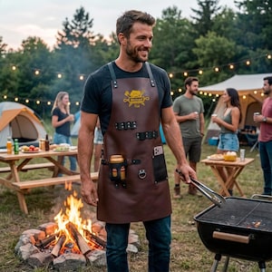 May include: A brown leather apron featuring black straps, a drink holder, a pocket, and a metal ring. The chest area displays a yellow graphic with a chef hat, utensils, and the name Michael. The apron is worn over a dark t-shirt and blue jeans.