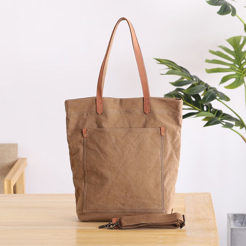 Large Canvas Sling Tote Bag Leather Strap, Handheld Bag, Shoulder Bags, Gift For Women, Crossbody Bag, Everyday Bag, Canvas Work Bag Women Khaki