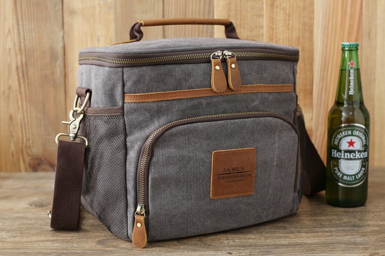 Personalized Groomsmen Gift Cooler, Custom Cooler Bag, Beer Cooler Bag with Bottle Opener, Personalize Cooler, Groomsman Gift Proposal Grey