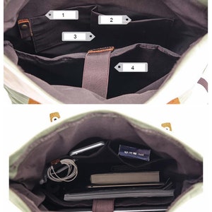 May include: Inside view of a green and white canvas backpack with multiple pockets. The backpack has a large main compartment, a smaller pocket on the front, and two side pockets. The backpack is lined with a dark brown fabric. The backpack is empty in the first image and filled with items in the second image.