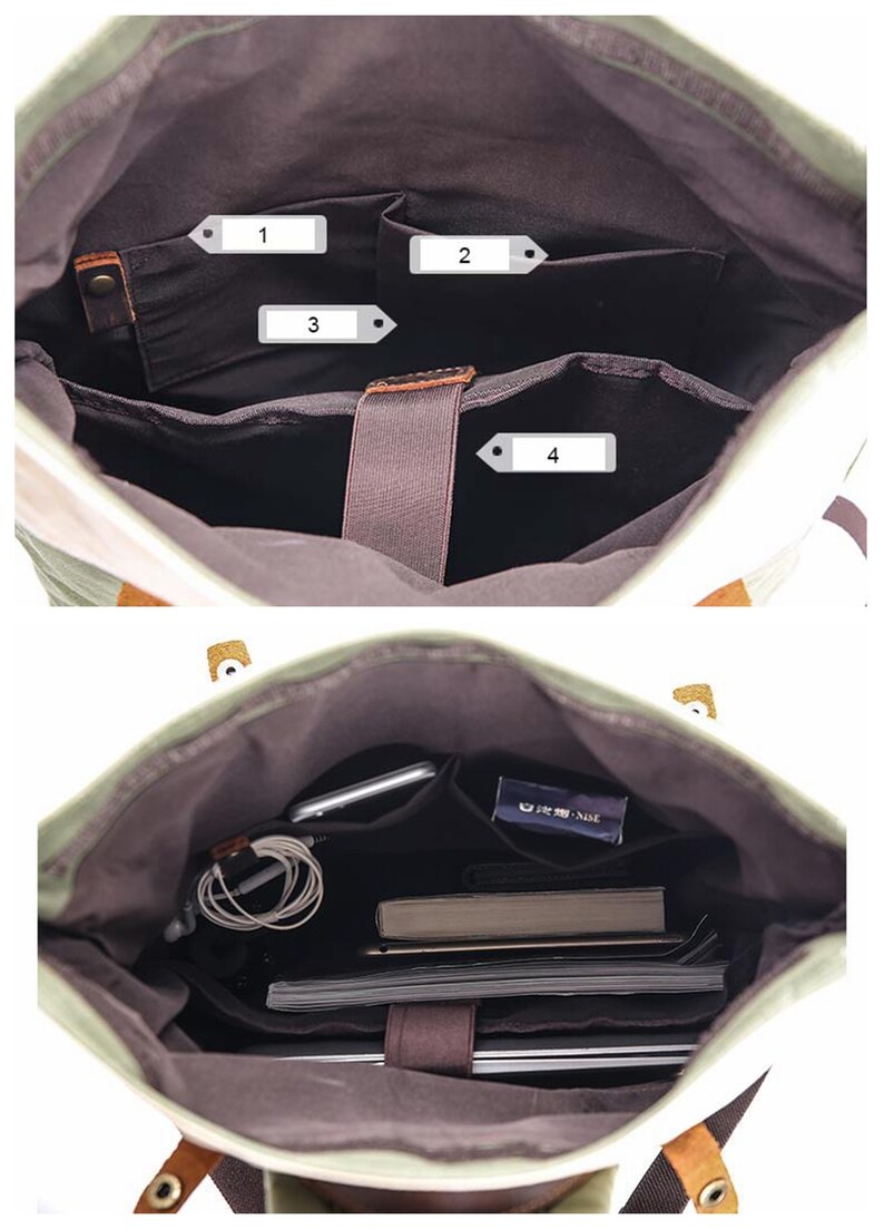 May include: Inside view of a green and white canvas backpack with multiple pockets. The backpack has a large main compartment, a smaller pocket on the front, and two side pockets. The backpack is lined with a dark brown fabric. The backpack is empty in the first image and filled with items in the second image.