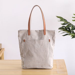 Large Canvas Sling Tote Bag Leather Strap, Handheld Bag, Shoulder Bags, Gift For Women, Crossbody Bag, Everyday Bag, Canvas Work Bag Women White