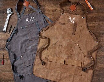 Personalized Work Apron with Tool Pockets, Heavy Duty Canvas Shop Apron for Woodworkers, Mechanics, Blacksmiths, Carpenters