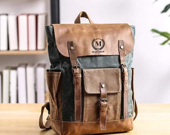 Personalized Waxed Canvas School Backpack Travel Backpack Hiking Rucksack Laptop Backpack Unisex Daily Backpack Camping Backpack