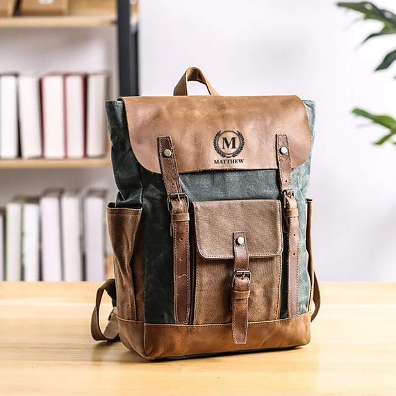 Personalized Waxed Canvas School Backpack Travel Backpack Hiking Rucksack Laptop Backpack Unisex Daily Backpack Camping Backpack
