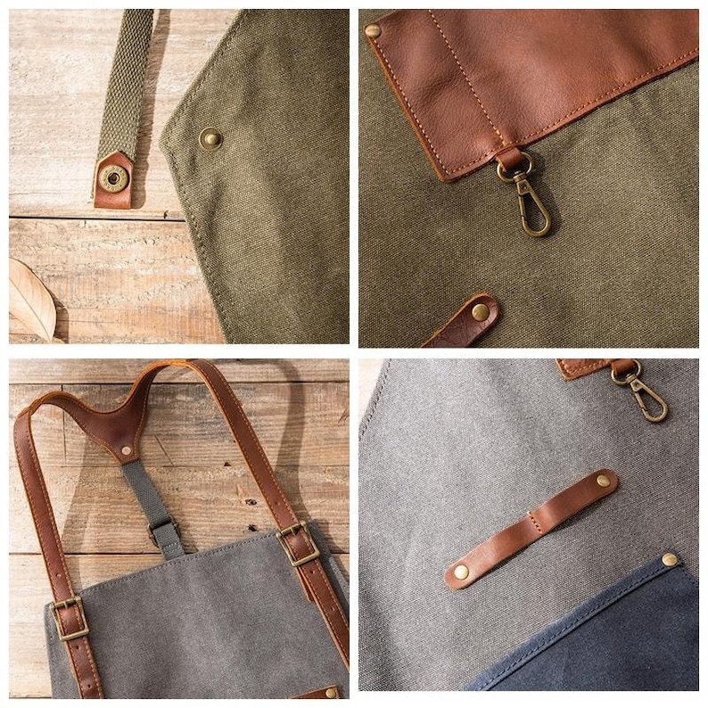 May include: Close-up of a canvas apron with leather accents. The apron features adjustable straps, metal hardware, and a pocket. The apron is in shades of gray, olive green, and brown, with a focus on the details of the construction.