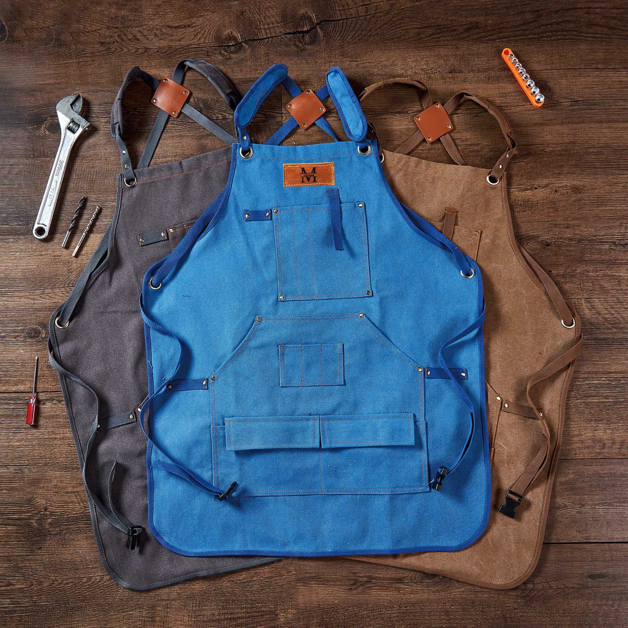 Canvas Werkstattschürze mit Taschen, Personalisiertes Geschenk für Ihn, personalisierte Barschürze, bestickte Küchenschürze, Grillschürze, Barkeeperschürze