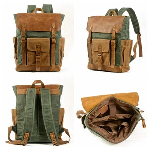May include: A green and brown canvas backpack with leather straps and buckles. The backpack has a large main compartment and a smaller front pocket. The backpack is shown from different angles, including the front, back, and inside.