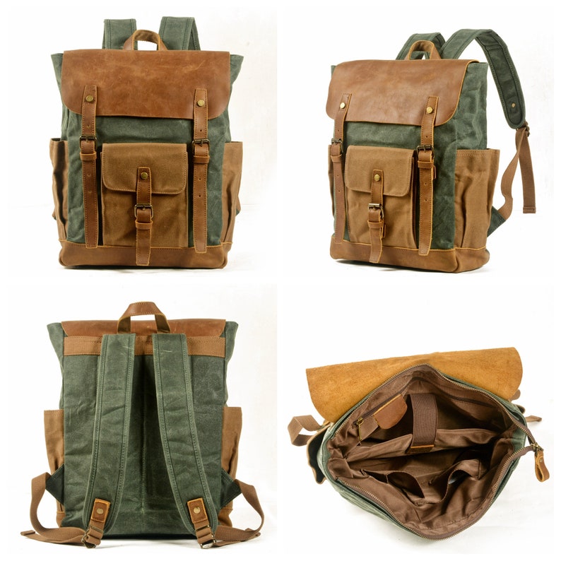 May include: A green and brown canvas backpack with leather straps and buckles. The backpack has a large main compartment and a smaller front pocket. The backpack is shown from different angles, including the front, back, and inside.