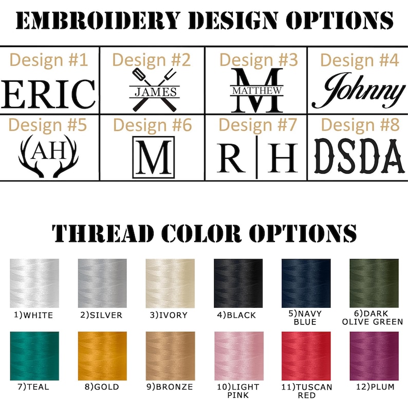 Op de afbeelding: Een tabel met 12 verschillende borduurgarenkleuren met hun namen. De kleuren zijn wit, zilver, ivoor, zwart, marineblauw, donker olijfgroen, teal, goud, brons, lichtroze, Toscaans rood en pruim. De tabel toont ook 8 verschillende borduurontwerpen met namen als Eric, James, Matthew, Johnny, AH, M, RH en DSDA.
