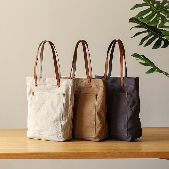 Large Canvas Sling Tote Bag Leather Strap, Handheld Bag, Shoulder